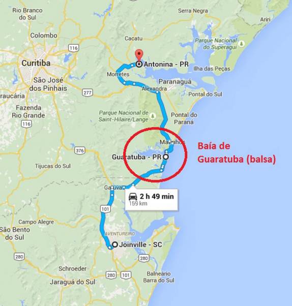 Nosso roteiro entre Joinville (SC) e Antonina, passando de balsa pela Baía de Guaratuba, no Paraná